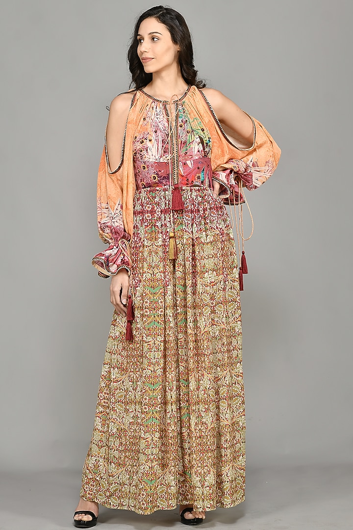 Multi-Colored Printed Cold Shoulder Maxi Vacation Dress by Bhanuni By Jyoti at Pernia's Pop Up Shop