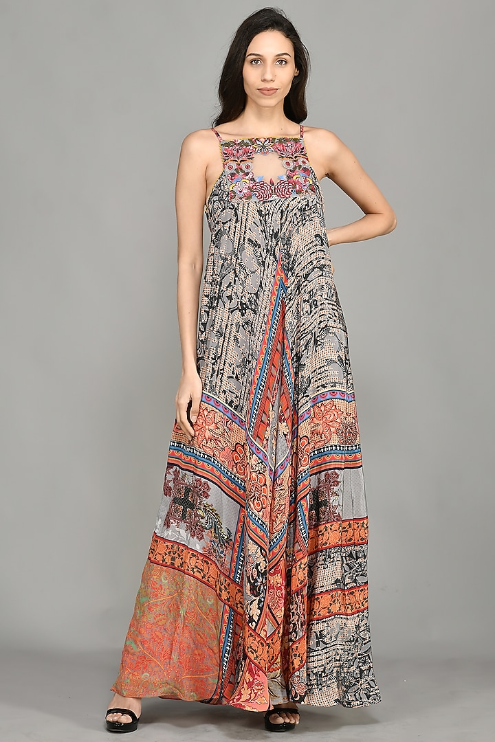 Multi-Colored Halter Maxi Dress With Print by Bhanuni By Jyoti