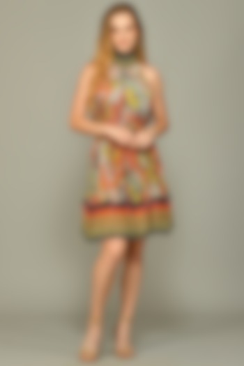 Multi-Colored Printed Halter Tunic Dress by Bhanuni By Jyoti