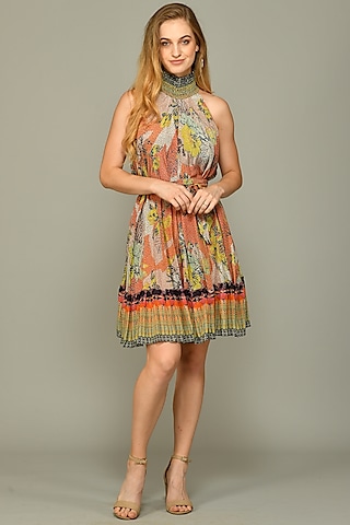 Multi-Colored Printed Halter Tunic Dress by Bhanuni By Jyoti