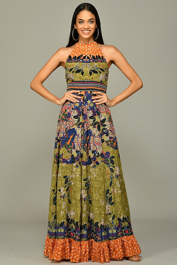 Multi-Colored Viscose Halter Maxi Dress With Print by Bhanuni By Jyoti