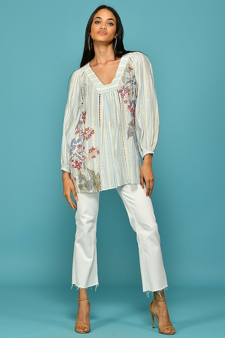 Powder Blue Embroidered Tunic by Bhanuni By Jyoti at Pernia's Pop Up Shop