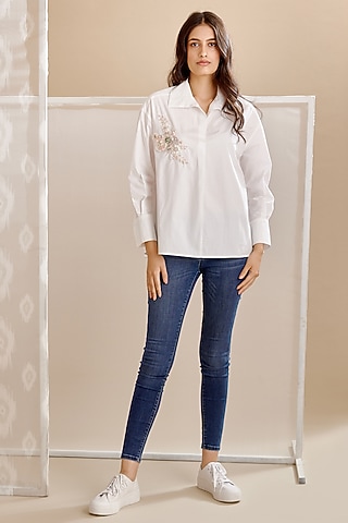 White Cotton Poplin Embroidered Shirt by Bunka