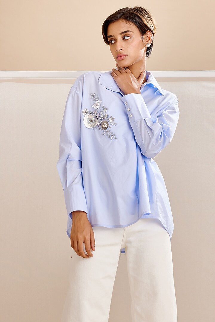 Blue Cotton Poplin Embroidered Shirt by Bunka at Pernia's Pop Up Shop