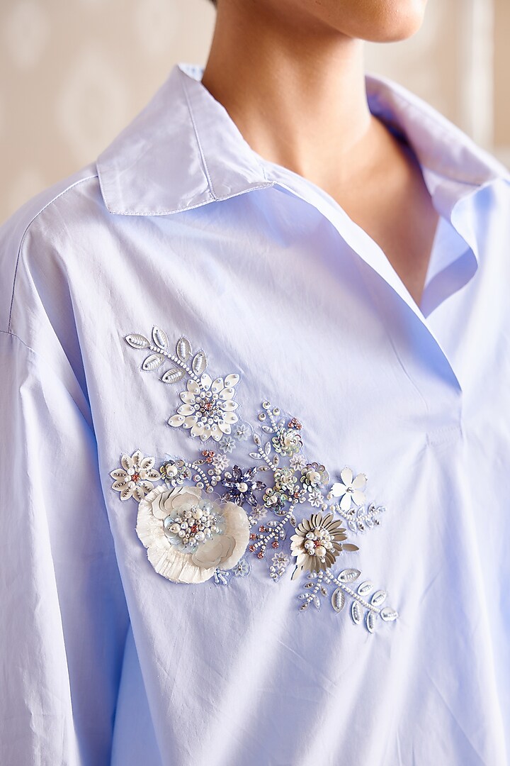 Blue Cotton Poplin Embroidered Shirt by Bunka at Pernia's Pop Up Shop