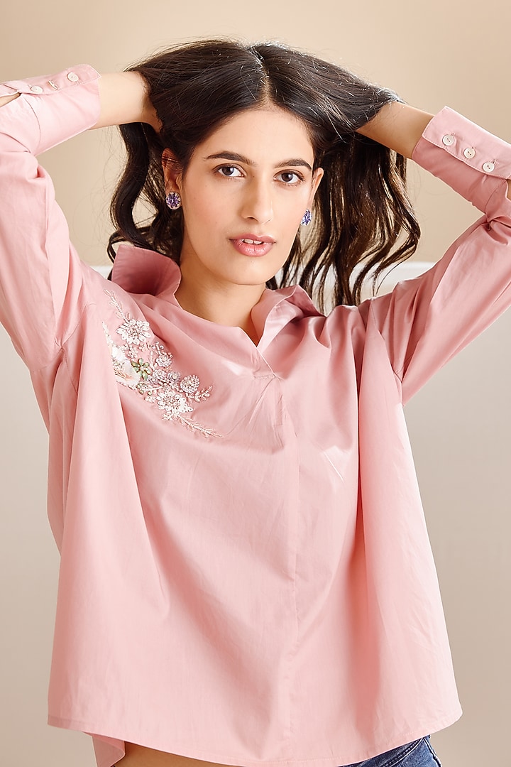 Pink Cotton Poplin Embroidered Shirt by Bunka at Pernia's Pop Up Shop