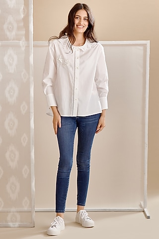 White Cotton Poplin Embroidered Shirt by Bunka