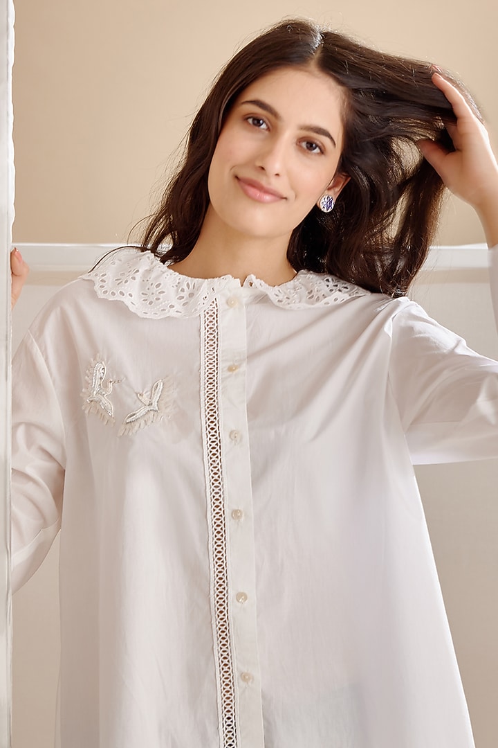 White Cotton Poplin Embroidered Shirt by Bunka at Pernia's Pop Up Shop