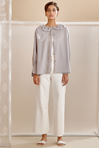 Grey Cotton Poplin Embroidered Shirt by Bunka