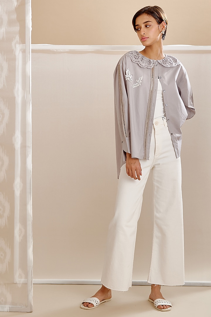 Grey Cotton Poplin Embroidered Shirt by Bunka at Pernia's Pop Up Shop