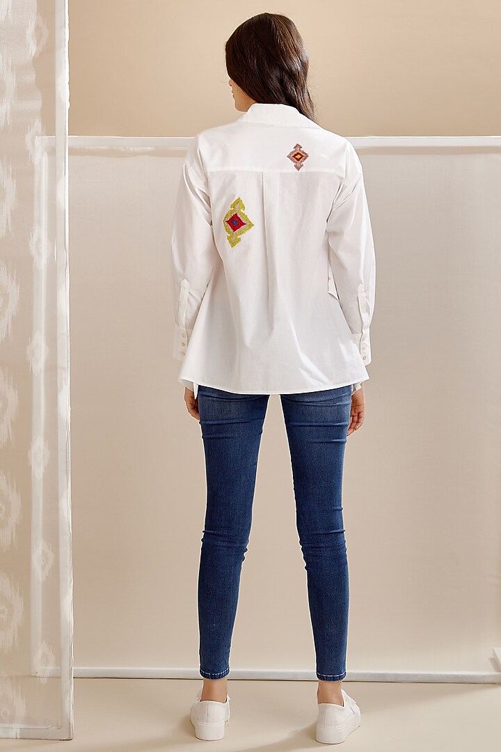 White Cotton Poplin Sequins Embroidered Shirt by Bunka at Pernia's Pop Up Shop