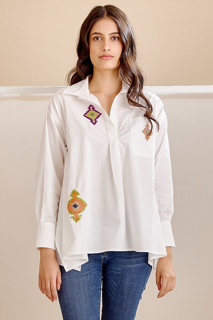 White Cotton Poplin Sequins Embroidered Shirt by Bunka at Pernia's Pop Up Shop