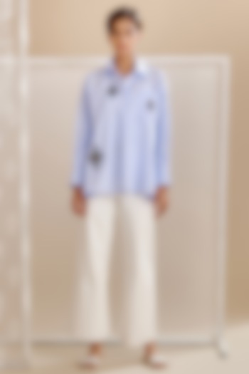Blue Cotton Poplin Sequins Embroidered Shirt by Bunka at Pernia's Pop Up Shop
