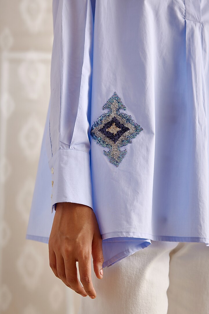 Blue Cotton Poplin Sequins Embroidered Shirt by Bunka at Pernia's Pop Up Shop