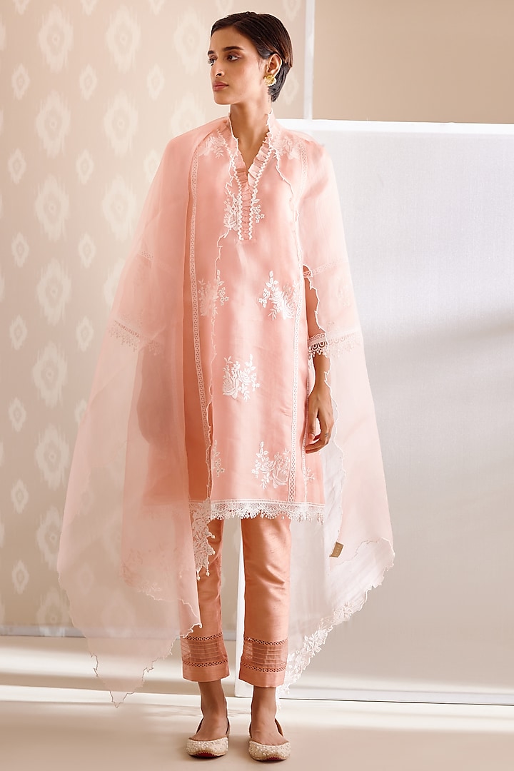 Peach Silk Organza Embroidered A-Line Kurta Set by Bunka