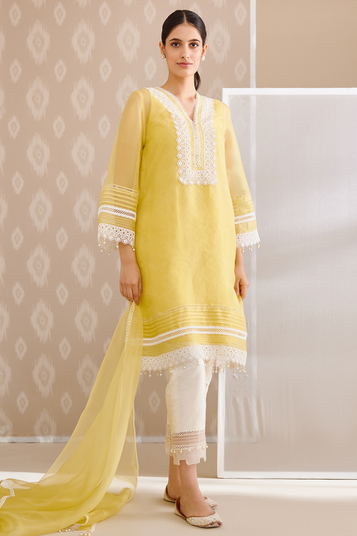 Yellow Silk Organza Embroidered Kurta Set by Bunka