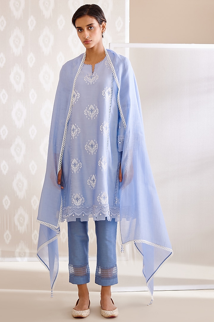 Blue Chanderi Silk Embroidered A-Line Kurta Set by Bunka