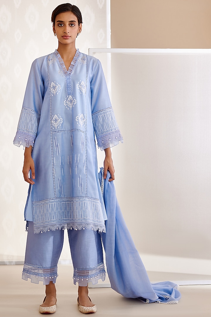 Blue Chanderi Silk A-Line Kurta Set by Bunka
