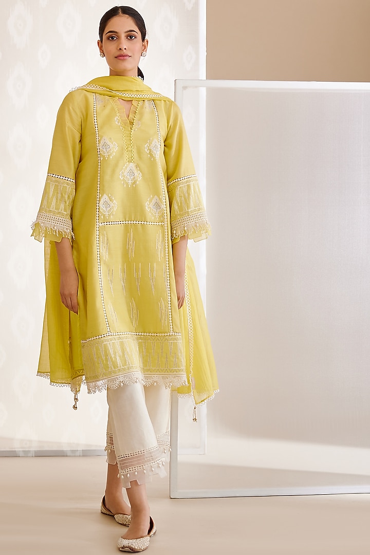 Yellow Chanderi Silk A-Line Kurta Set by Bunka