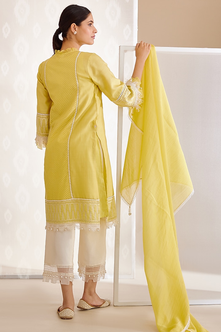 Yellow Chanderi Silk A-Line Kurta Set by Bunka at Pernia's Pop Up Shop