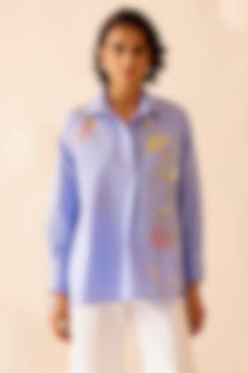 Blue Cotton Poplin Floral Embroidered Shirt by Bunka