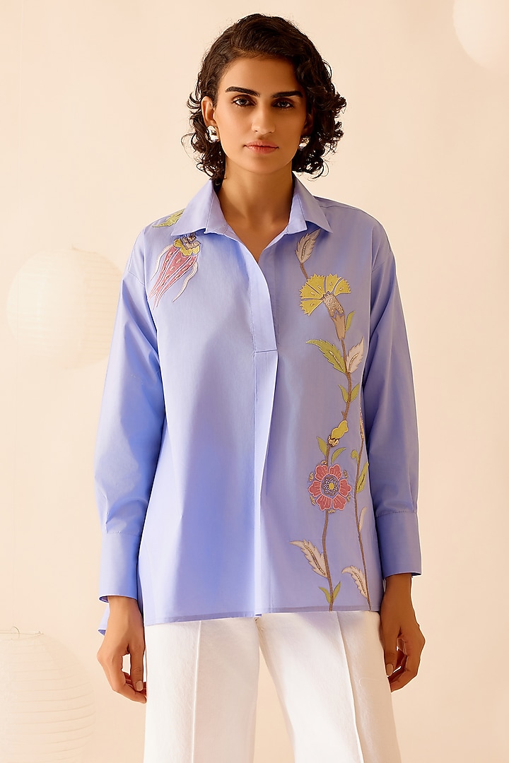 Blue Cotton Poplin Floral Embroidered Shirt by Bunka