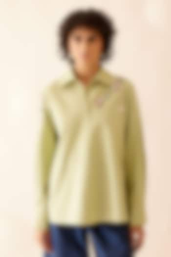 Green Cotton Poplin Hand Embroidered Oversized Shirt by Bunka at Pernia's Pop Up Shop