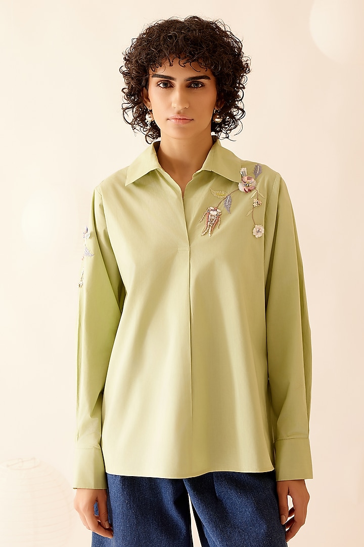 Green Cotton Poplin Hand Embroidered Oversized Shirt by Bunka at Pernia's Pop Up Shop