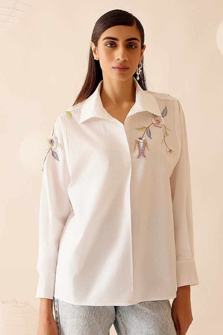White Cotton Poplin Hand Embroidered Oversized Shirt by Bunka