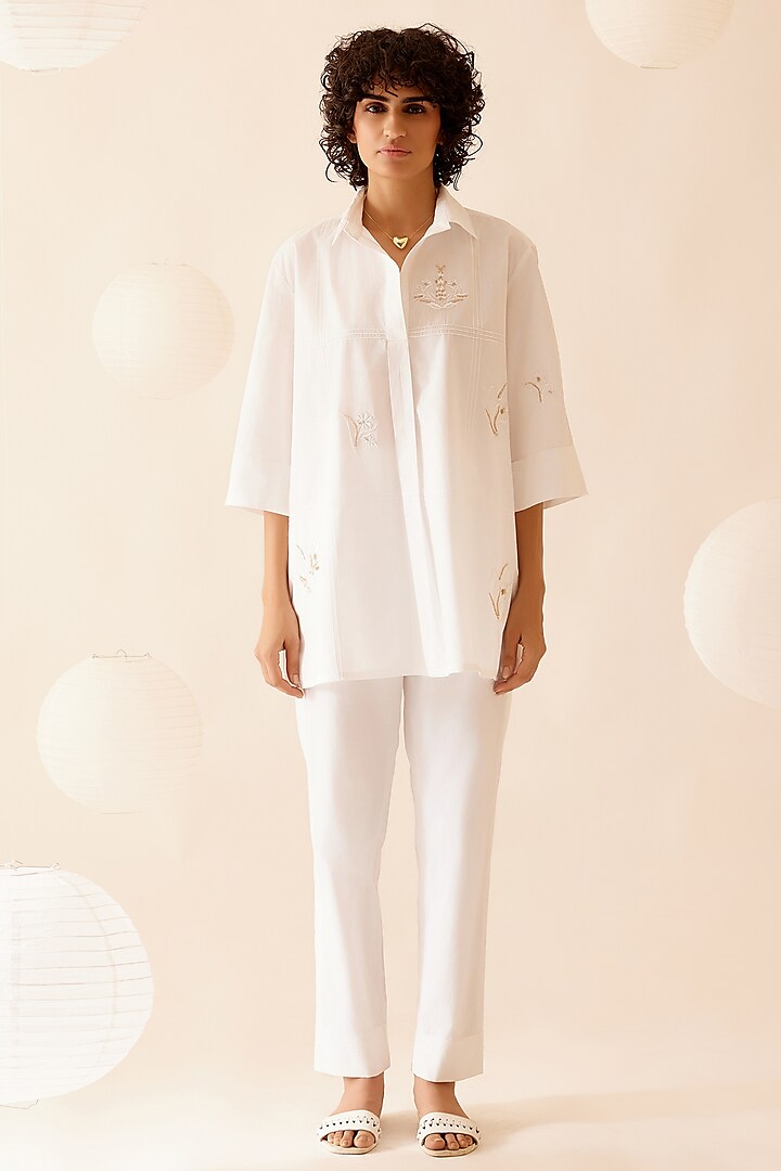 White Cotton Poplin Hand Embroidered Tunic by Bunka at Pernia's Pop Up Shop