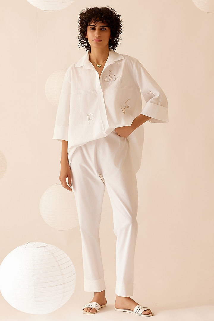 White Cotton Poplin Hand Embroidered Tunic by Bunka at Pernia's Pop Up Shop