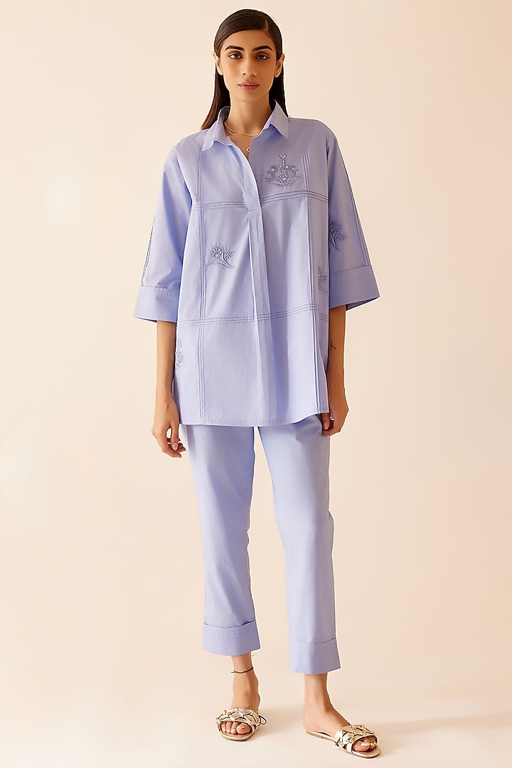 Blue Cotton Poplin Hand Embroidered Tunic by Bunka at Pernia's Pop Up Shop