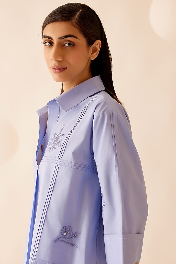 Blue Cotton Poplin Hand Embroidered Tunic by Bunka at Pernia's Pop Up Shop