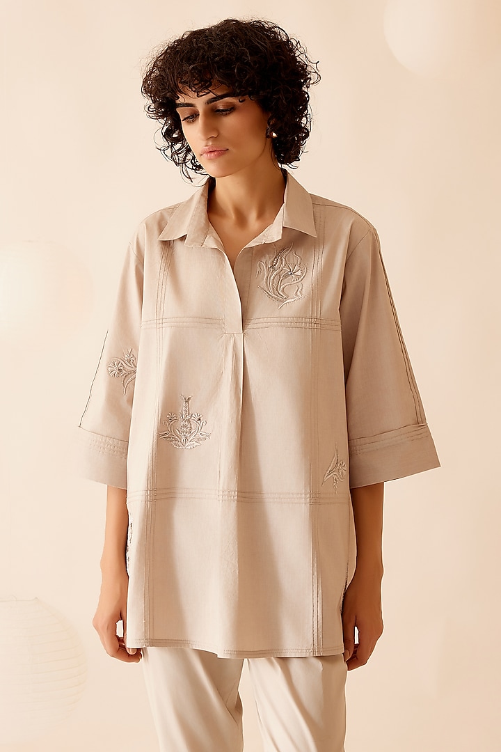 Beige Cotton Poplin Hand Embroidered Tunic by Bunka at Pernia's Pop Up Shop