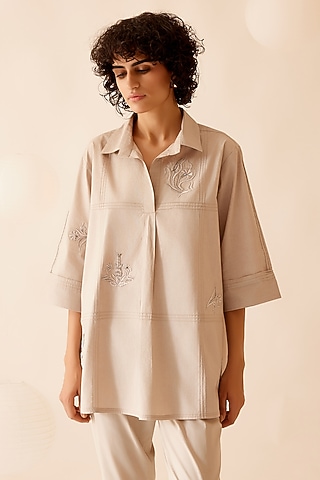 Beige Cotton Poplin Hand Embroidered Tunic by Bunka