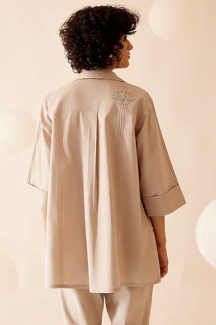 Beige Cotton Poplin Hand Embroidered Tunic by Bunka at Pernia's Pop Up Shop