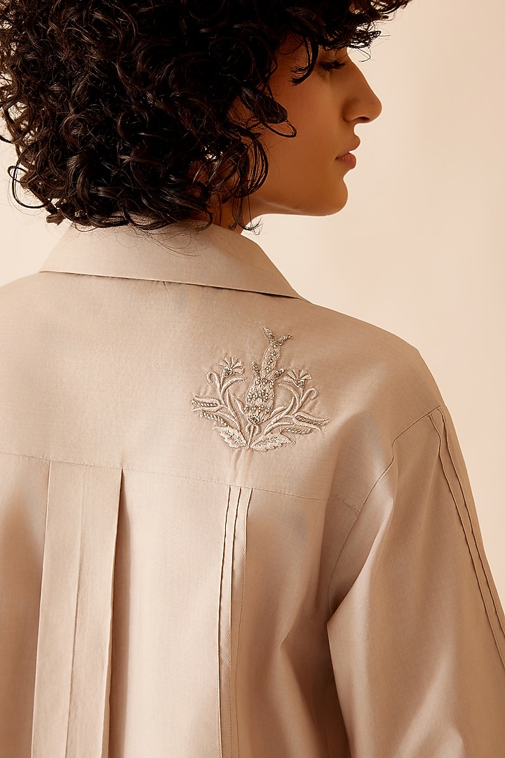 Beige Cotton Poplin Hand Embroidered Tunic by Bunka at Pernia's Pop Up Shop