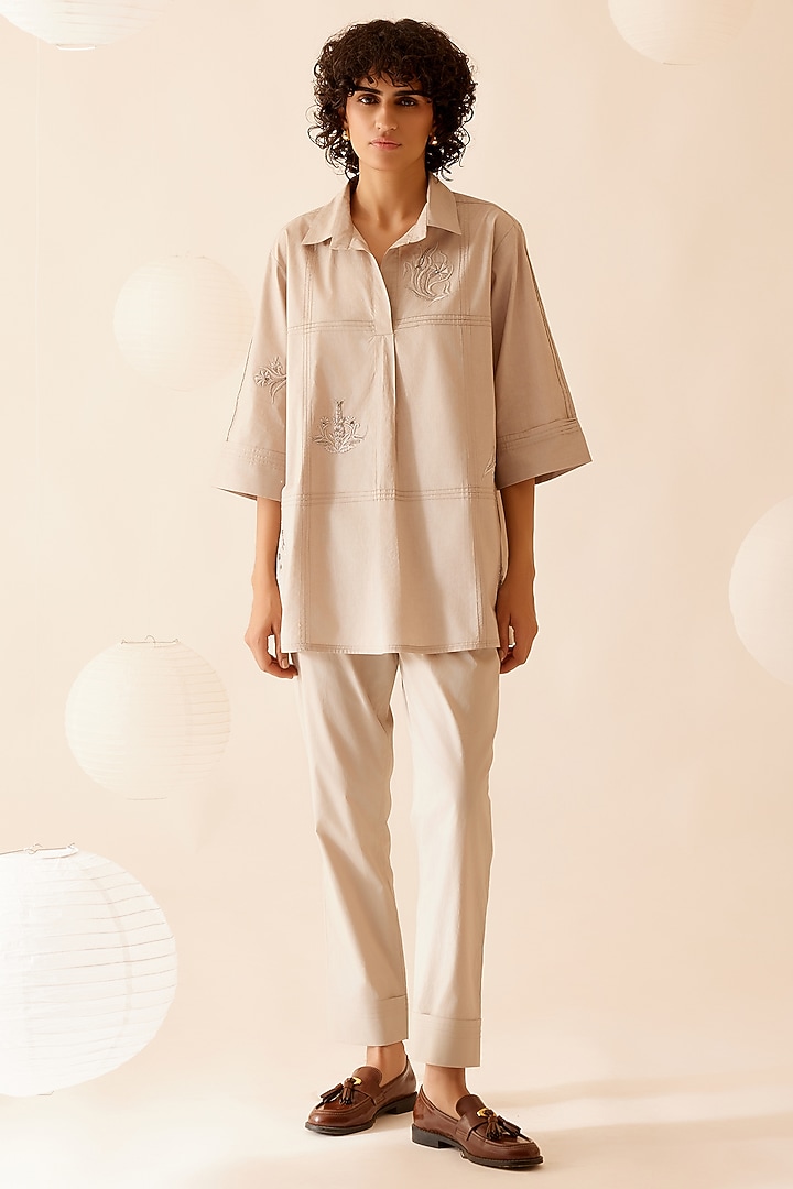 Beige Cotton Poplin Hand Embroidered Tunic by Bunka at Pernia's Pop Up Shop