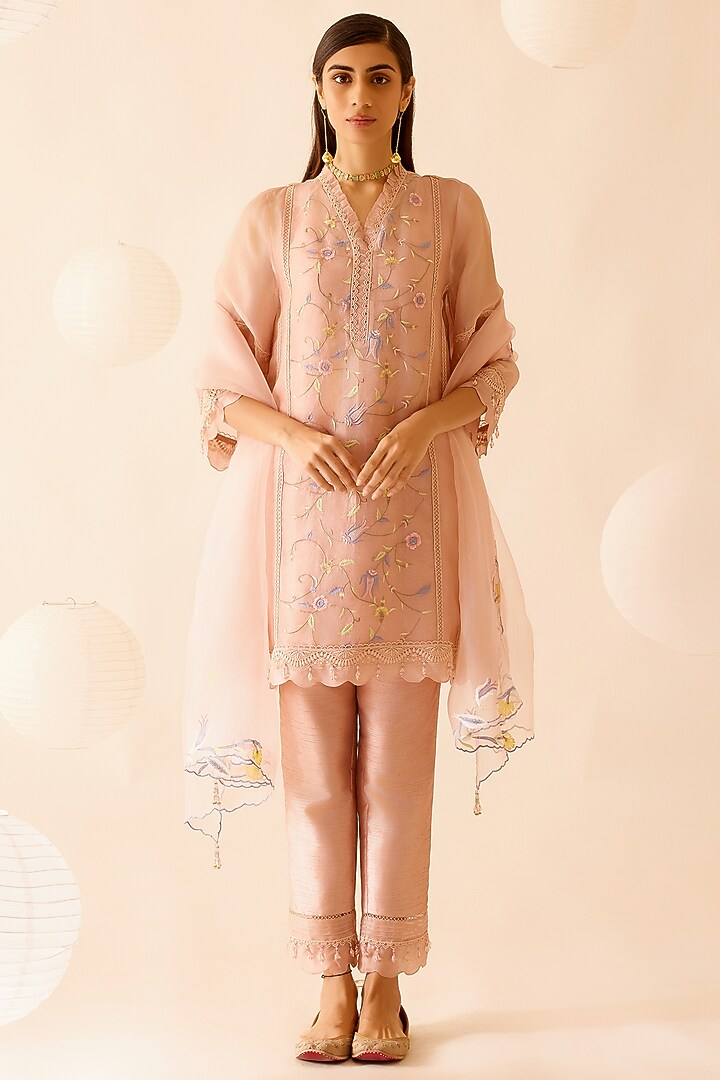 Pink Silk Organza Hand Beaded Kurta Set by Bunka at Pernia's Pop Up Shop