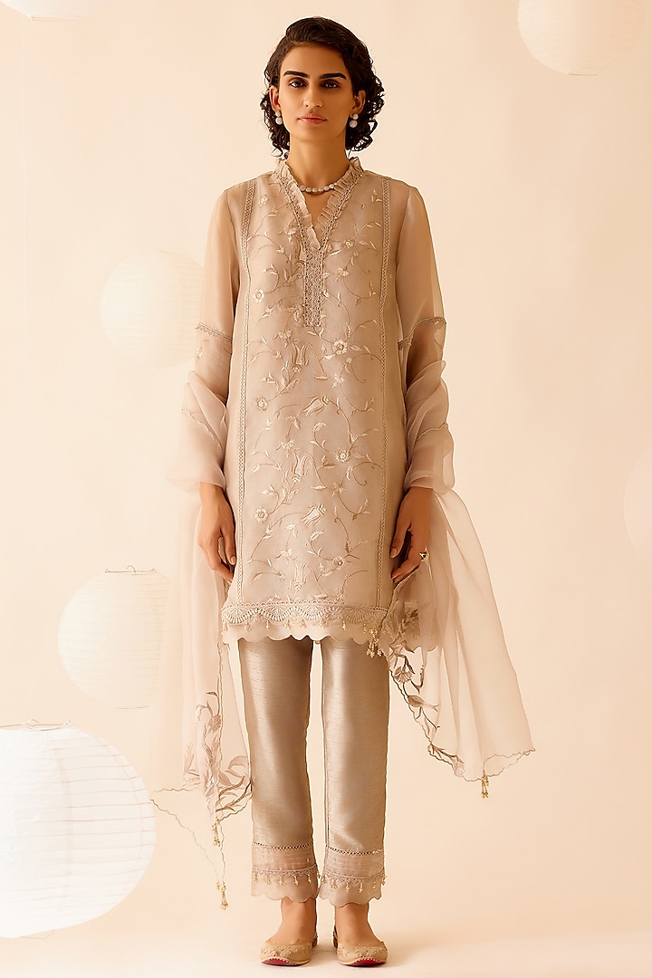 Sand Silk Organza Hand Beaded Kurta Set by Bunka at Pernia's Pop Up Shop
