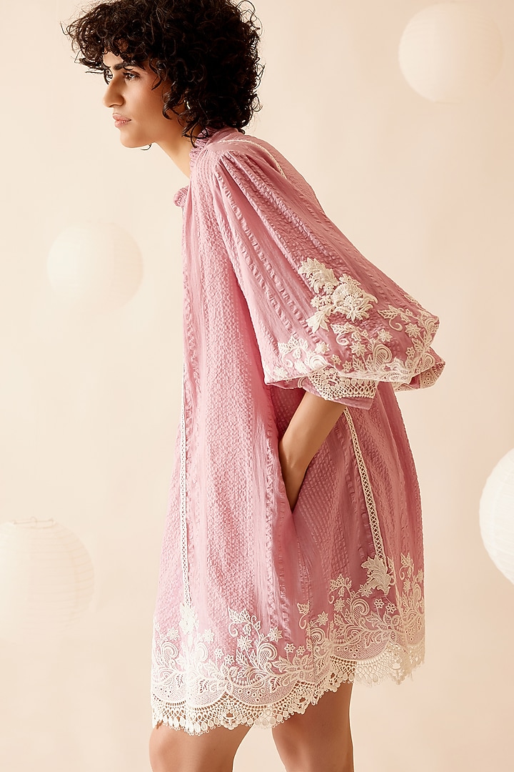 Pink Cotton Floral Lace Embroidered Tunic by Bunka at Pernia's Pop Up Shop