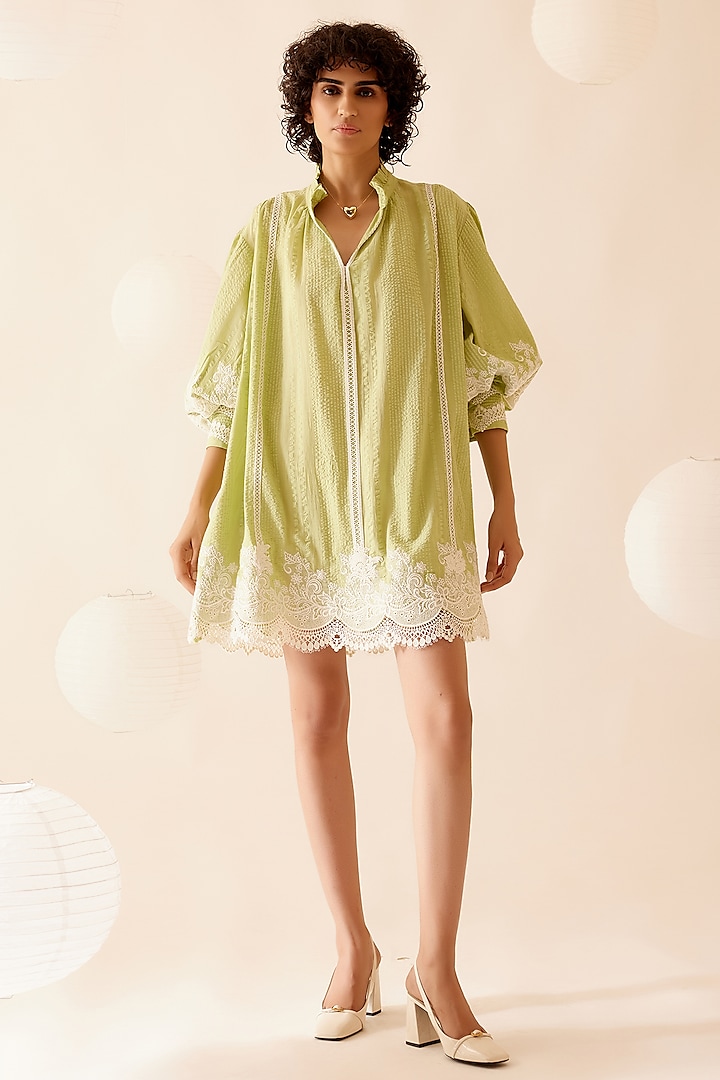 Green Cotton Floral Lace Embroidered Tunic by Bunka