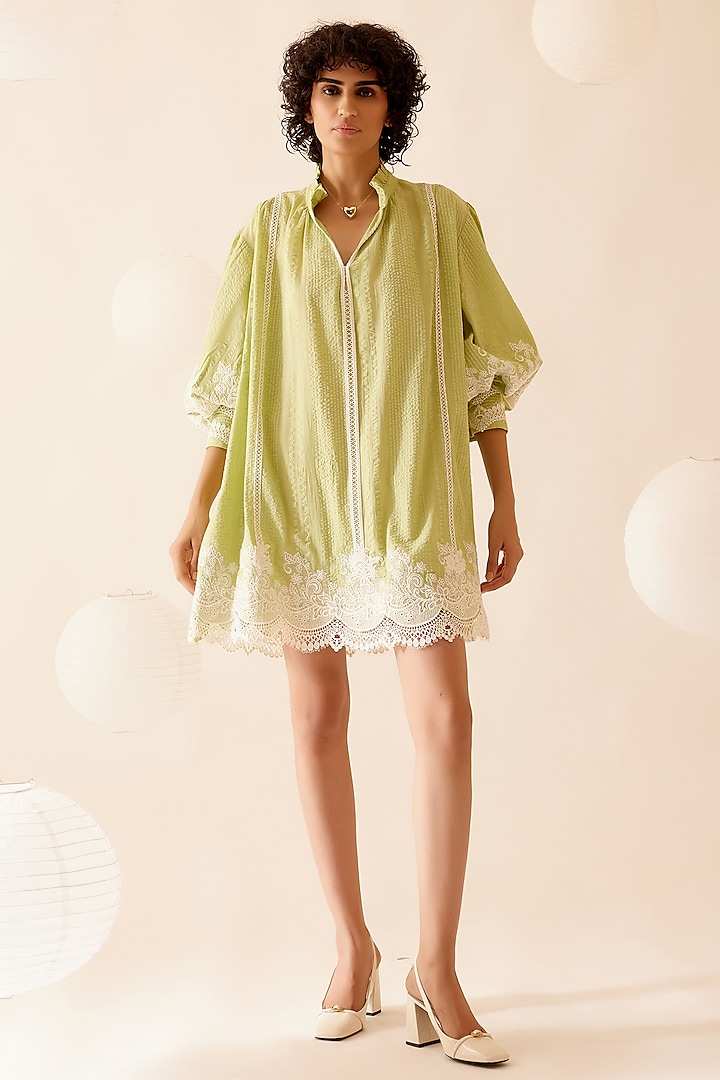 Green Cotton Floral Lace Embroidered Tunic by Bunka at Pernia's Pop Up Shop