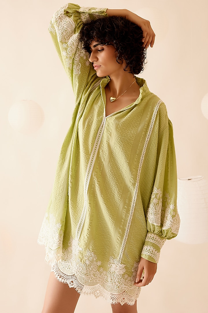 Green Cotton Floral Lace Embroidered Tunic by Bunka at Pernia's Pop Up Shop
