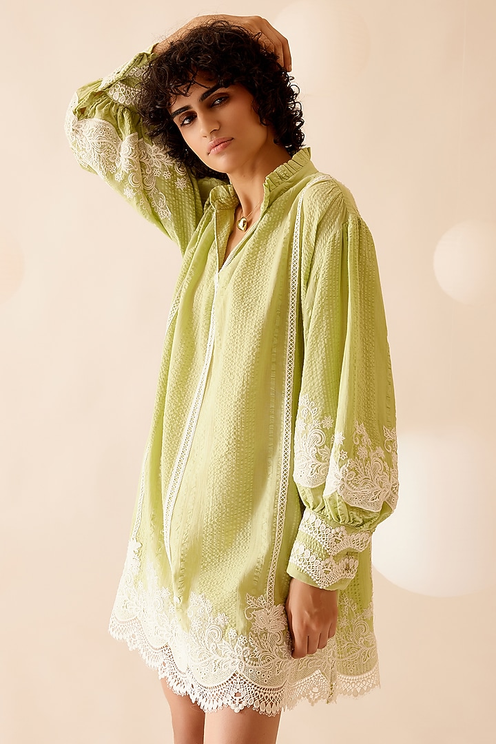Green Cotton Floral Lace Embroidered Tunic by Bunka at Pernia's Pop Up Shop