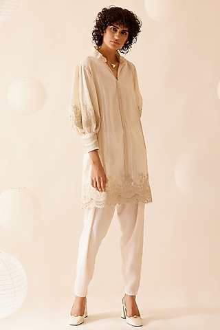 Ivory Cotton Floral Lace Embroidered Tunic by Bunka