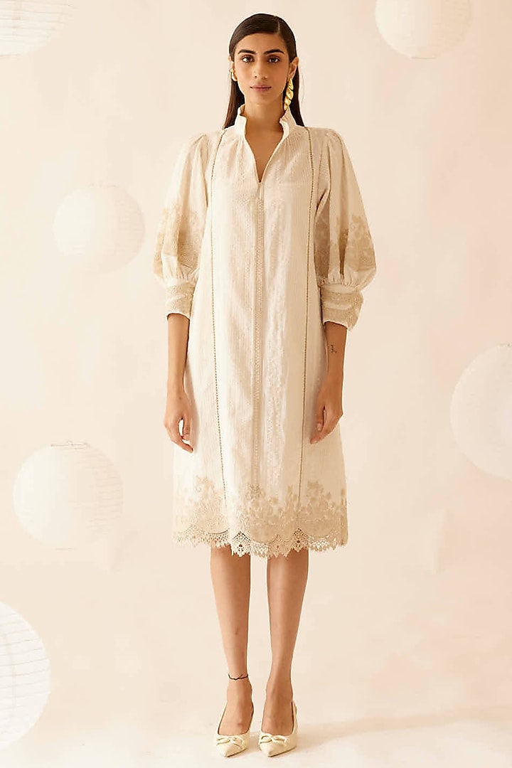 Ivory Cotton Floral Lace Embroidered Midi Dress by Bunka