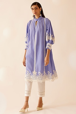 Lilac Cotton Floral Lace Embroidered Tunic by Bunka