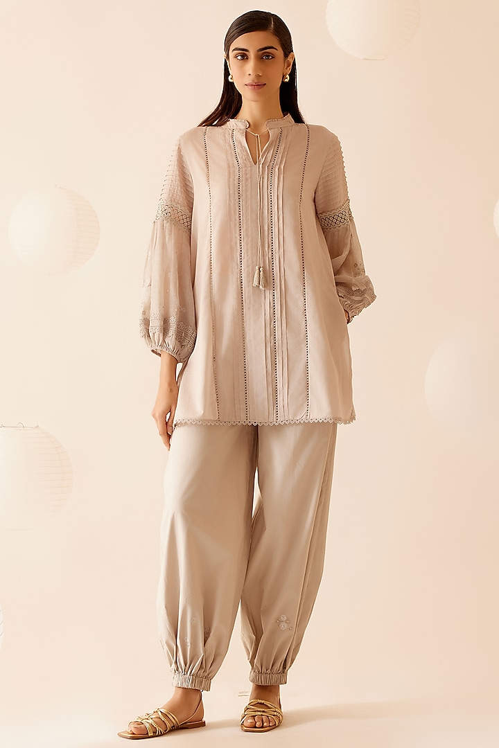 Beige Cotton Voile Floral Embroidered Tunic by Bunka at Pernia's Pop Up Shop