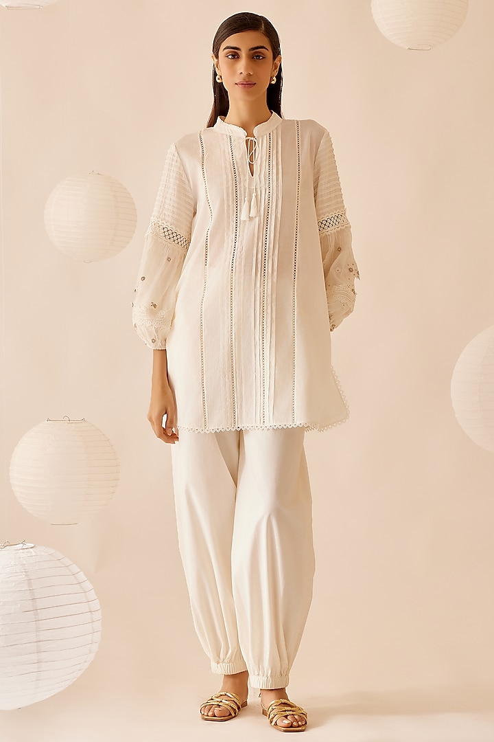 Ivory Cotton Voile Floral Embroidered Tunic by Bunka at Pernia's Pop Up Shop